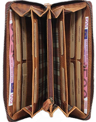Corno d´Oro Premium Geldbörse Damen Leder Groß Viele Fächer mit RFID TÜV-geprüft I Handgefertigt Portemonnaie mit Reißverschluss Vintage Echt Leder I Großer Geldbeutel Frauen Braun