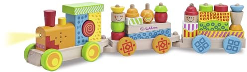 Eichhorn 195029 100002236 - Bunter Zug mit Licht-und Soundfunktion und 28 Bausteinen, 31-tlg., Länge: 59 cm, inkl. Batterien, Birkenholz