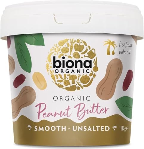 Biona Organic Smooth Peanut Butter 1KG - Unsalted & Palm Oil Free - Made with Freshly Roasted Organic Nuts - Source of Vegan Protein - Gluten & GMO Free
