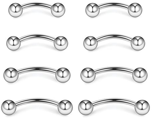 Ruifan 4prs(8pcs) Eyebrow Piercing Jewelry Curved Barbell with Ball Kit Eyebrow Tragus Lip Ring 16g 16 gauge 6mm/8mm/10mm/12mm(Steel)