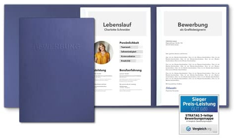 3 Stück 3-teilige Bewerbungsmappen Blau mit 2 Klemmschienen in feinster Lederstruktur