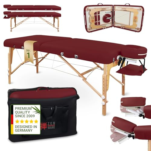 Zen – Mobile Round Corner Massageliege klappbar & höhenverstellbar – Vollholz Massagetisch mit abgerundeten Ecken für aktive Massagestile – Massagebank mit Kopfteil, Armlehnen & Tasche (Burgund)