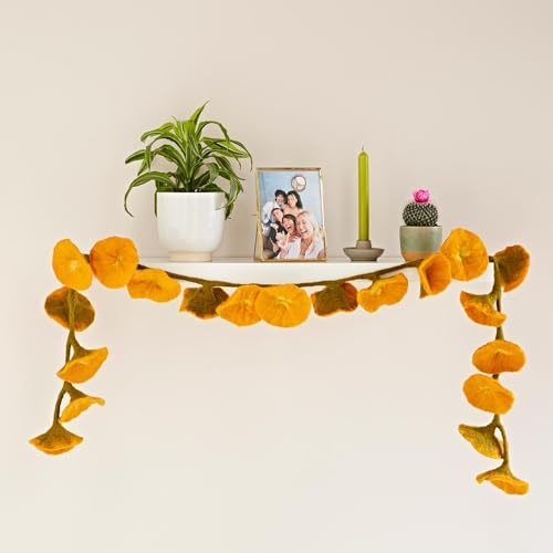 Paper High Handcrafted Felt Flower Garland | 160cm Long with 20 Flowers | Hand Felted Hanging Decoration | Garden Garlands and Bunting Alternative | Mantelpiece Display (Mustard)