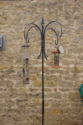 4-Way Bird Feeder Station – Heavy Duty 12mm Solid Metal Pole with 4 Hooks, Double Prong Ground Spike, Black Finish – Hanging Feeder, Wind Chimes, Baskets – 210cm – Made in Britain