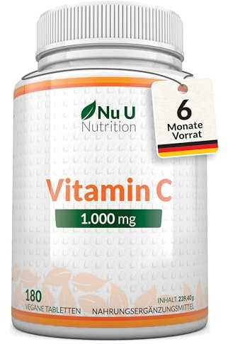 Nu U Nutrition - Vitamin C 1000mg Hochdosiert - 180 Vegane Tabletten für 6 Monate - Vit C als L-Ascorbinsäure - 1 Tablette täglich