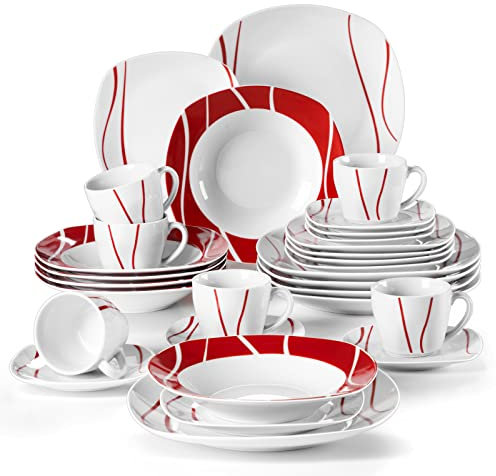 MALACASA Geschirrset 6 Personen, Felisa 30-tlg Tafelservice aus Porzellan, Modernes Geschirr Set mit je 6 Speiseteller, Dessertteller, Suppenteller, Kaffeetassen und Untertassen
