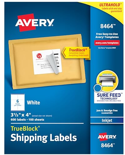 Avery Printable Shipping Labels, Sure Feed Technology, 3-1/3 x 4, White, 600 Blank Mailing Labels (8464)