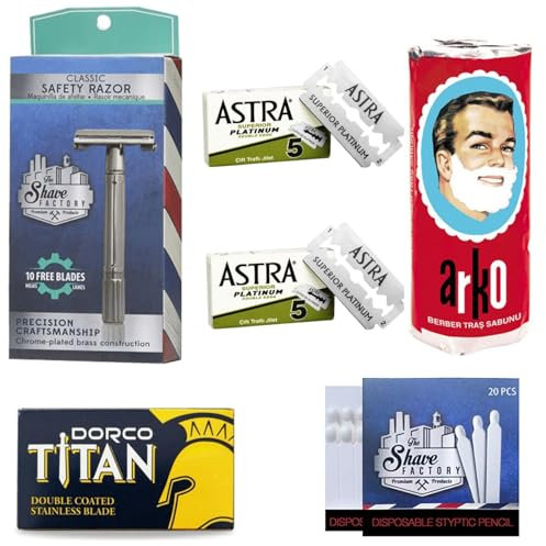 Premium Traditional Shaving Set with The Shave Factory Classic Safety Razr, Arko Shaving Soap, 10 Astra Double Edge Razor Blades, 10 DORCO Double Edge Razor Blades and 20 Styptic Matches