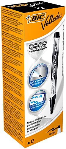 BIC Velleda Feutres pour Tableau Blanc Effaçables à Sec Pointe Conique Large - Noir, Boîte de 12