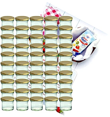 Lot de 50 bocaux MamboCat - En verre incassable - Contenance de 125 ml - To 66 - Avec couvercle doré - Idéal pour confiture - Avec livre de recettes de gelées (français non garanti)