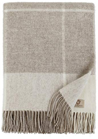 Linen & Cotton Decke Wolldecke Merino Wohndecke Kuscheldecke Kariert Olivia- 100% Weicher Merinowolle, Beige/Braun/Natur (140 x 200 cm) Sofadecke Tagesdecke Schurwolldecke Plaid Blanket Wolle