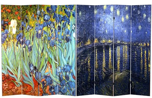 Red Lantern 6 ft. Tall Double Sided Works of Van Gogh Canvas Room Divider - Irises/Starry Night Over Rhone 4 Panel Freestanding Folding Privacy Screen Partition Separator for Modern and Contemporary