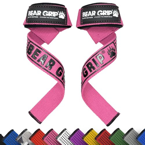 BEAR GRIP Remmar - Premium Neopren vadderade Tunga dubbelstygnade viktliftande gymremmar, Gelgrepp, 100% bomull, Extra lång längd (Rosa)