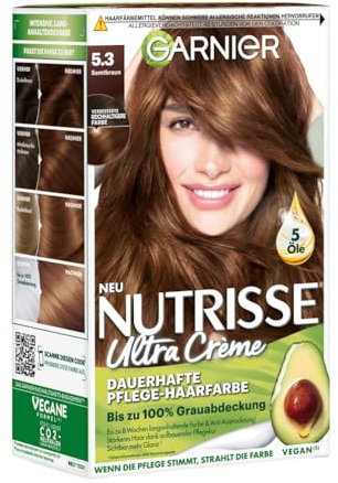Garnier Nutrisse Dauerhafte Pflege-Haarfarbe mit nährenden Fruchtölen, Coloration mit 8 Wochen Halt, Ultra Crème Tönung, 53 Samtbraun