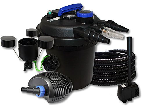SunSun Komplettset: CPF-250 Teichdruckfilter bis 10000 L Teich 11W Teichklärer, CTF-6000 Teichpumpe 6000l/h 40W, 25m Teichschlauch 25 mm, CSP-250 Skimmer 2500l/h 45W, HJ-943 Springbrunnen 800l/h 16W