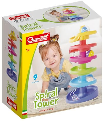 Quercetti Spiral Tower, Circuit Billes Enfant, Jouet Bebe 1 an, Activité Manuelle Enfant Montessori Motricité Fine, Cadeau Enfant 1 an, Activité Sensorielle, Jouet Educatif, Made in Italy