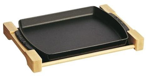 STAUB 40509-523-0 Hors D’oeuvre Platter and Wooden Stand, Black,33*23 centimeters