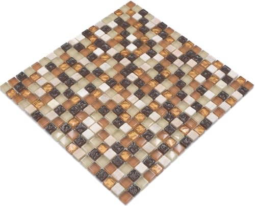 Mosaik Quadrat Crystal/Stein mix beige/braun Glas Naturstein Fliesenspiegel, Mosaikstein Format: 15x15x8 mm, Mattengröße: 322x305 mm, 1 Matte