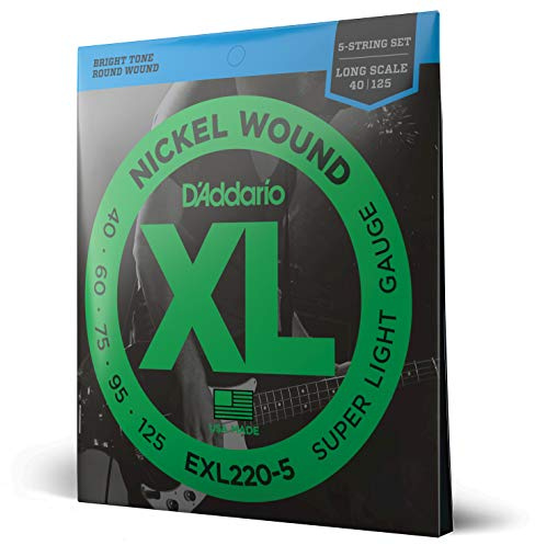 D'Addario Basgitarrsträngar – XL nickel bassträngar – EXL220-5 – perfekt intonation, konsekvent känsla, kraftfull hållbarhet – för 5-strängade basgitarrer – 40–125 superlätta, 5 strängar, lång skala
