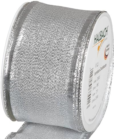 Halbach Seidenbänder Geschenkband Silber - made in Germany - mit formbaren Drahtkanten | 60mm x 25m | Edles goldenes Band für Hochzeit oder Weihnachten