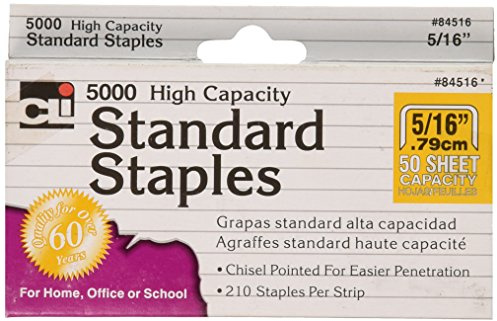Charles Leonard High Capacity Standard Staples, 5/16 Inch Leg Length, Silver, 5000/Box (84516)