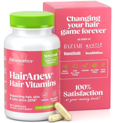 Hair Growth Vitamins for Women & Men for Faster Hair Growth, Vegan, 60 Capsules - 11 Ingredients & 5000mcg Biotin for Thicker Fuller Stronger Locks + Skin & Nail Health - Naturenetics HairAnew