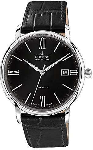 Dugena Herren-Armbanduhr 7000196 Festa Roma, Automatik, schwarzes Zifferblatt, Edelstahlgehäuse, Saphirglas, Lederarmband, Dornschließe, 5 bar