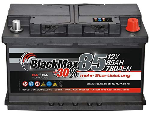 Autobatterie 12V 85Ah BlackMax + 30% Edition Starterbatterie ersetzt 74Ah 75Ah 77Ah 80Ah, kompatible mit PKW