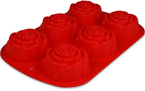 BlueFox Muffinsform med rosor – 24,5 x 16 x 3,5 cm – bakform – silikonform – bakform jul – blomform – hjärtform i silikon – blommuffins – cupcakeform – liten kakform i 3D – röd