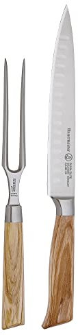 Messermeister Oliva Elite Kullenschliff Carving Knife Set - Includes 8” Kullenschliff Carving Knife & 6” Straight Carving Fork - German Steel Alloy Blade & Mediterranean Wood Handle