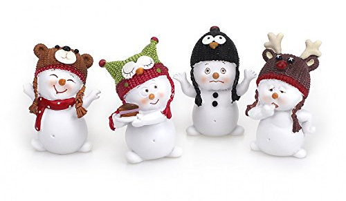 4X Deko Figur lustiger Schneemann im Set je 8 cm, Polystein weiß Bunte Wintermützen, Schneemänner Dekofiguren Winter Winterdeko Weihnachten