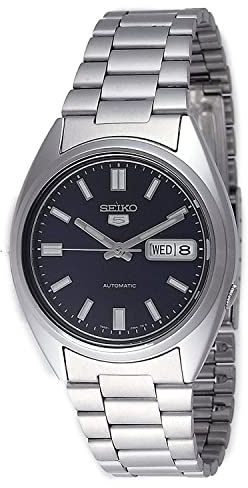Seiko 5 Montre pour homme automatique argenté/bleu avec bracelet en acier inoxydable 37 MM jour/date 3 ATM SNXS77K