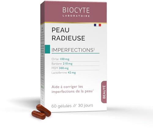 BIOCYTE Peau Radieuse - Complément Alimentaire Corrige les Imperfections, Souplesse de la Peau - Ortie, Bardane, MSM, Lactoferrine - 60 gélules - Programme de 30 Jours