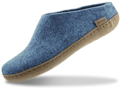 Glerups Slip On Slippers Women and Men (Size 6.5) | Blue Unisex Slip-on Wool Slippers with Leather Sole | Comfy Slippers Women Men | Cosy Gents and Ladies Slippers
