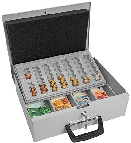 Wedo Geldzählkassette Universa kombiniertes Stahlblechprogramm für Hart- und Papiergeld mit 2 tragbaren Griffen stabiler Coinsafeeinsatz 4-Fächer für Scheine 35,5 × 27,5 × 10 cm