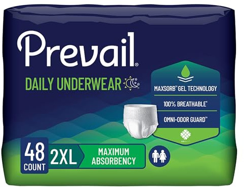 Prevail Daily Protective Underwear - Unisex Adult Incontinence Underwear - Disposable Adult Diaper for Men & Women - Maximum Absorbency - XX-Large - 12 Count (Pack of 4)