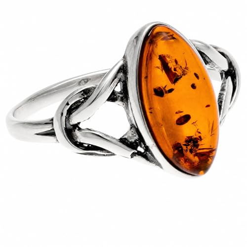 SilverAmber Jewellery - 925 Sterling Silver and Baltic Amber Celtic Knots Designer Ring - 7503, N, Argento, Ambra miele