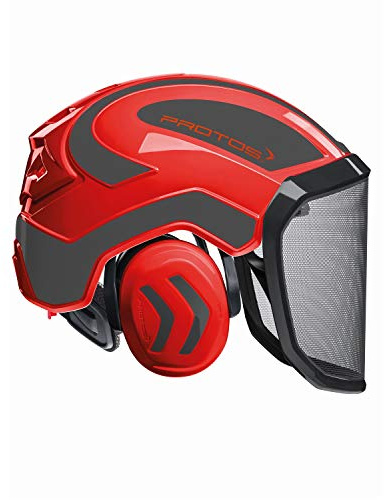 Protos Casque de sécurité intégral avec protection auditive forestière - Couleur : rouge/noir - Équipement : visière fine