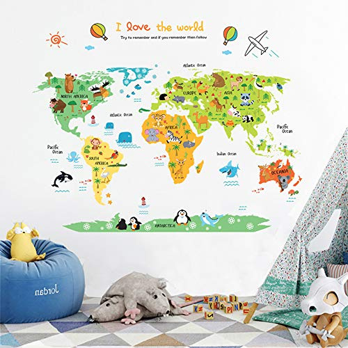 ufengke Cartoon Weltkarte Niedlichen Tier Wandsticker,Kinderzimmer Babyzimmer Entfernbare Wandtattoos Wandbilder