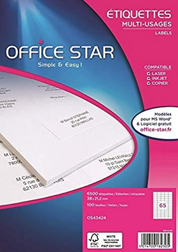 OFFICE STAR - 6500 Étiquettes Autocollantes Multi-Usages Blanches Personnalisables Imprimables - Format 38 x 21,2 mm - Impression Laset Jet d'Encre et Copieur