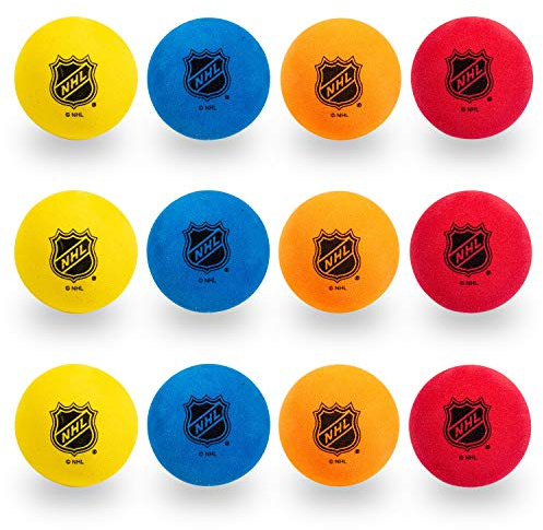 Franklin Sports Knee Hockey Balls - Indoor Mini Foam Hockey Balls for Kids - 12 Soft Foam Hockey Balls - Assorted Colors - Drawstring Bag