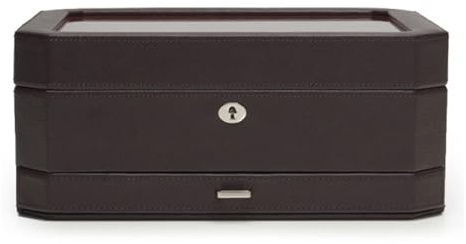 WOLF Windsor 10-Piece Watch Box with Drawer, Brown/Orange - Features 10 Watch Compartments, Eight Ring Rolls & 17 Jewelry Compartments - Vegan Leather Exterior