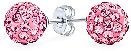 Boucles D'Oreilles Clous Boule Disco Pavées De Cristaux Rose Clair Pour Femmes Et Adolescentes Design Rond Simple Et Basique En Argent Sterling .925 - Taille 8MM