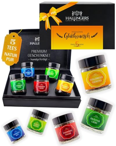 Hallingers Genuss Manufaktur Tee Glückwunsch-Geschenk-Set - 5 Sorten premium loser Tee Probierset in edler Geschenkbox mit Rezept-Booklet Herzlichen Glüc..., Geschenkidee für Frauen Männer