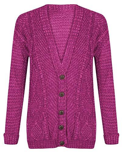21Fashion Ladies Fancy Chunky Cable Knitted Grandad Cardigan Womens Pockets V Neck Sweater Fuchsia Small/Medium