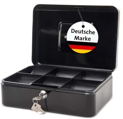 MAUL caja fuerte de acero 25 x 18 x 9 cm | Caja caudales con cerradura | Bandeja extraíble para monedas | Caja con 2 llaves | Caja registradora robusta con asa | Negro