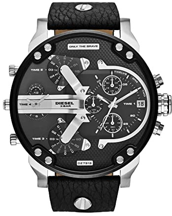 Diesel Mr. Daddy 2.0 Men's Watch, Stainless Steel and Leather Chronograph Sports Watch for Men, Color: Black/Silver