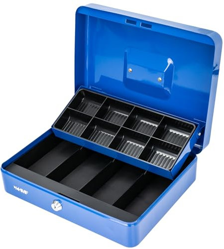 HMF Caisse à monnaie verrouillable, Boîte à argent avec 8 compartiments à pièces et 4 compartiments à billets, 30 x 24 x 9 cm | Bleu
