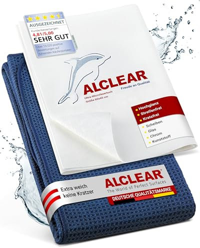 ALCLEAR 820002 2-Piece Microfiber Cloth Set: 60x45 cm Window Cloth & 60x40 cm Drying Cloth - streak-free, lint-free - for Windows, Mirrors, Glass, Car, Household, Bathroom, Kitchen, Glass Cleaning.