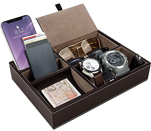BELLE VOUS Leere Tasche aus braunem Kunstleder mit 5 Fächern – Aufbewahrung von Schlüssel, Geldbörse, Telefon, Uhren, Zubehör, Silber, Manschettenknöpfen – Tablett aus Leder für Nachttisch und Büro